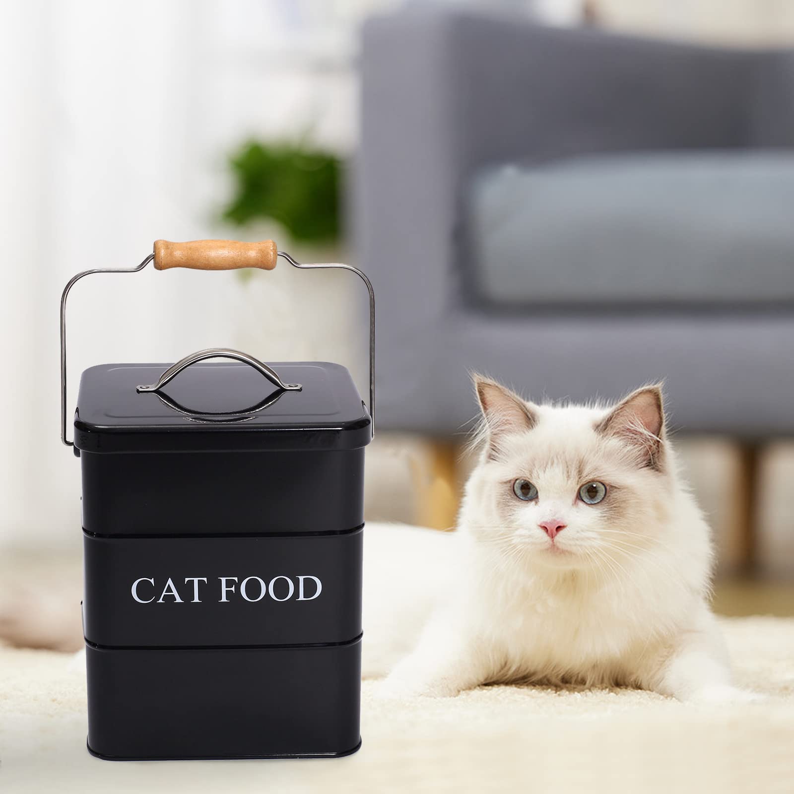 Geyecete- Cajas Almacenamiento de Alimentos y golosinas para Animales, con Mango de Madera y herméticas Tapa, Acero Carbono Revestido Contenedor de Comida para Gatos -Capacidad 3kgs-Negro