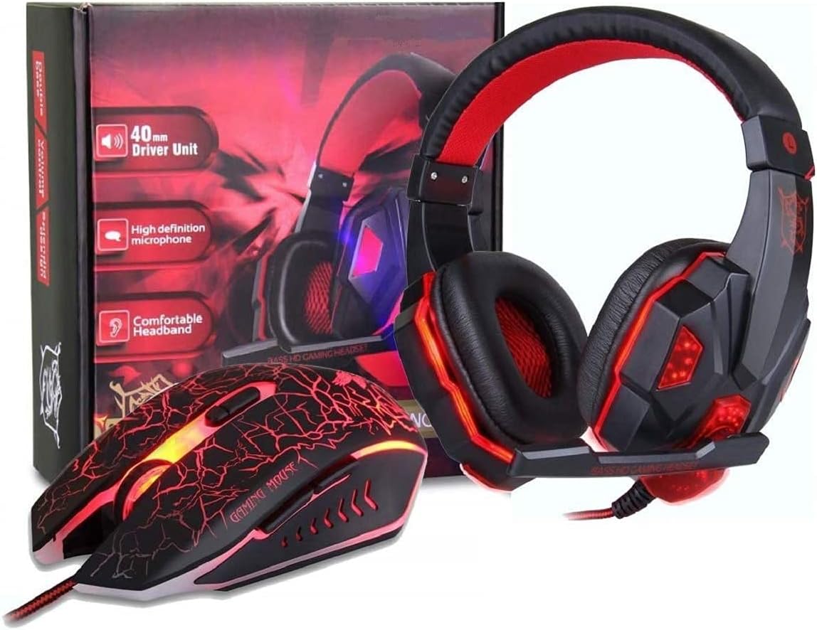 MFTEK Gaming Headphone and Mouse Combo- Headphone with Noise Cancellation and Double bass, Mic and LED Light with LED Gaming Mouse, soundless Mouse with Unbreakable ABS Body- red Color