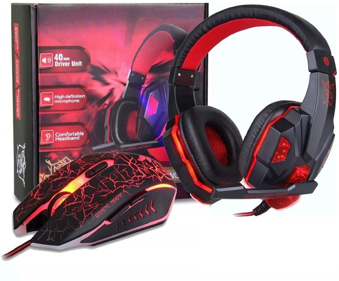 MFTEK Gaming Headphone and Mouse Combo- Headphone with Noise Cancellation and Double bass, Mic and LED Light with LED Gaming Mouse, soundless Mouse with Unbreakable ABS Body- red Color