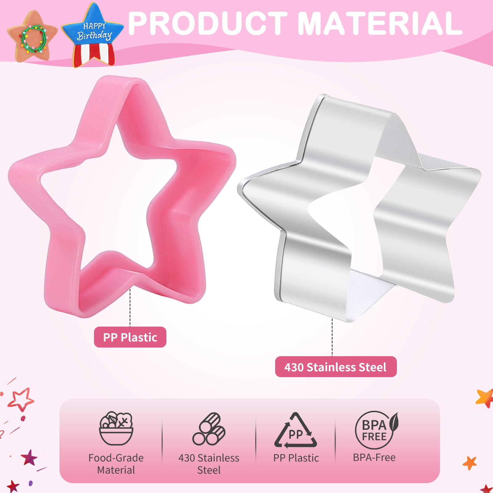 Juego de 8 cortadores de galletas de estrella con asas ergonómicas de plástico y caja de almacenamiento, herramienta de acero inoxidable resistente para galletas, galletas y recuerdos de fiesta, apto