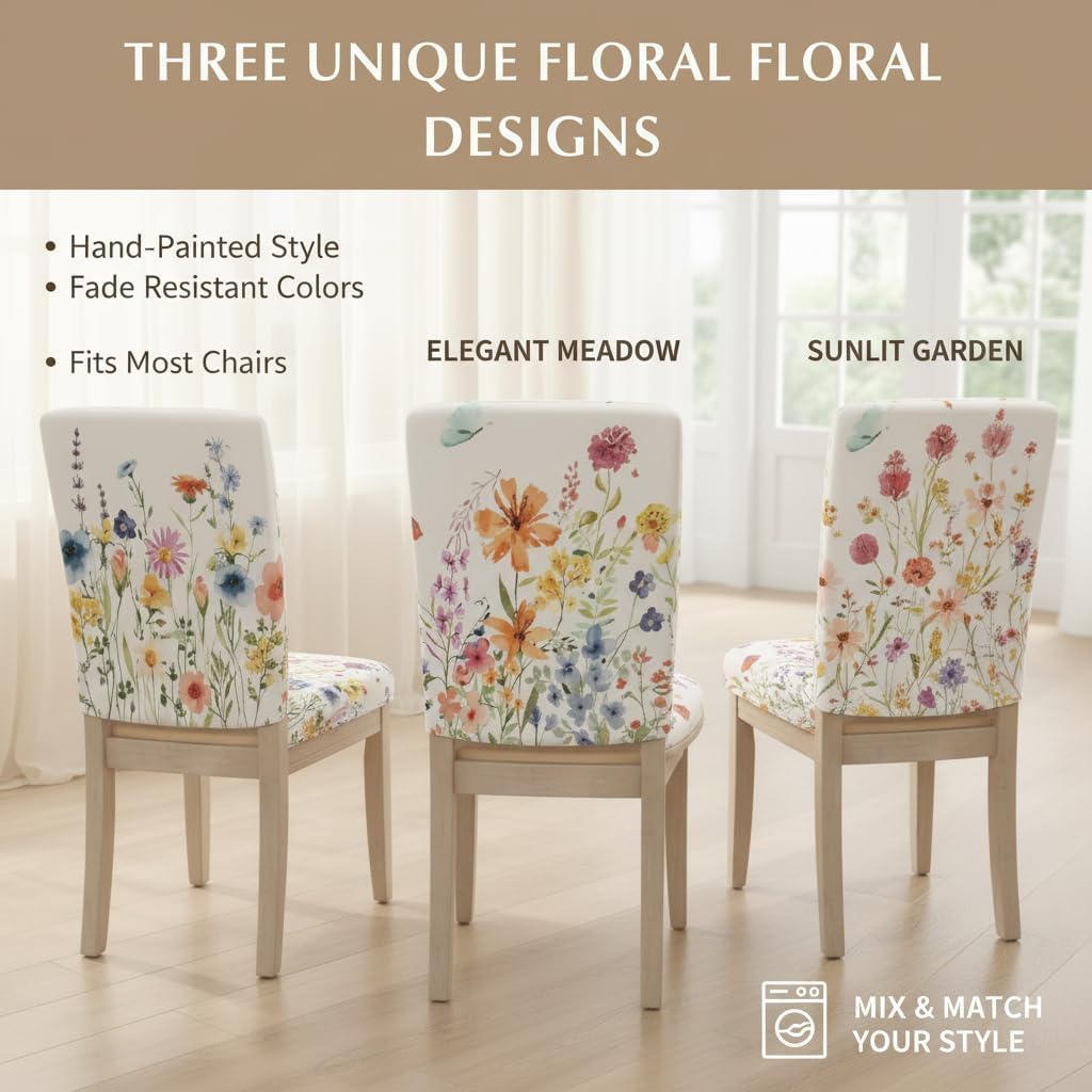 Spring Floral Chair Covers Set of 6 - Dining Room Chair Back Covers, Springtime Farmhouse Removable Chair Protectors Covers, Idealfor Dining Room, Kitchen, Party, and Banquet Decoration