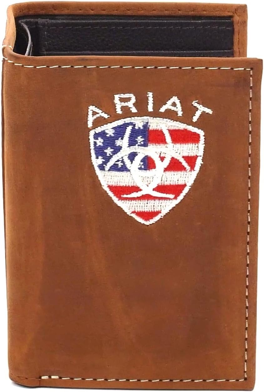 ARIAT Men's Leather Trifold Wallet with American Flag Shield Embroidery