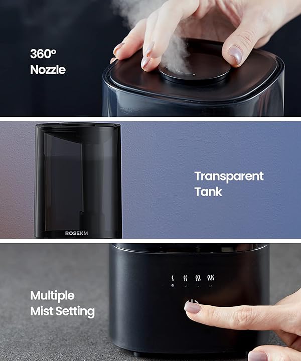 ROSEKM Humidifiers for Bedroom, 2.0L Cool Mist Humidifier for Home Plant and Baby Nursery, Quiet Ultrasonic Humidifier with 360° Nozzle, Auto Shut-Off, Filterless, Black by Rosekm - Image 4