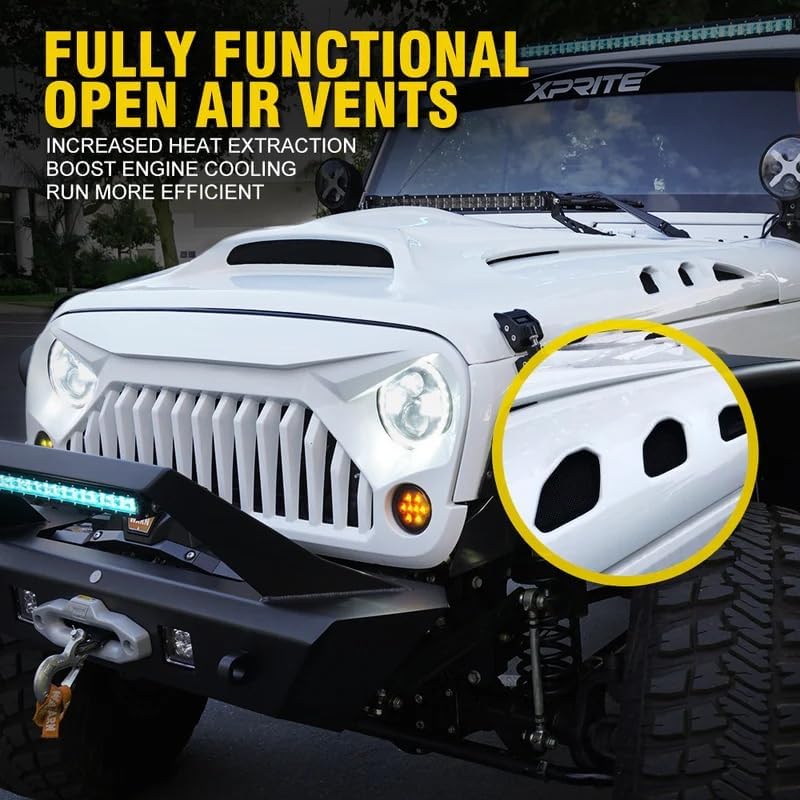 Xprite Heat Dispersion Steel Cowl Hood Vent for Jeep Wrangler JK JKU 2007-2018 - Functional Heat Extractor, Enhanced Airflow for Engine Cooling, Easy Install Jeep Wrangler Hood Upgrade