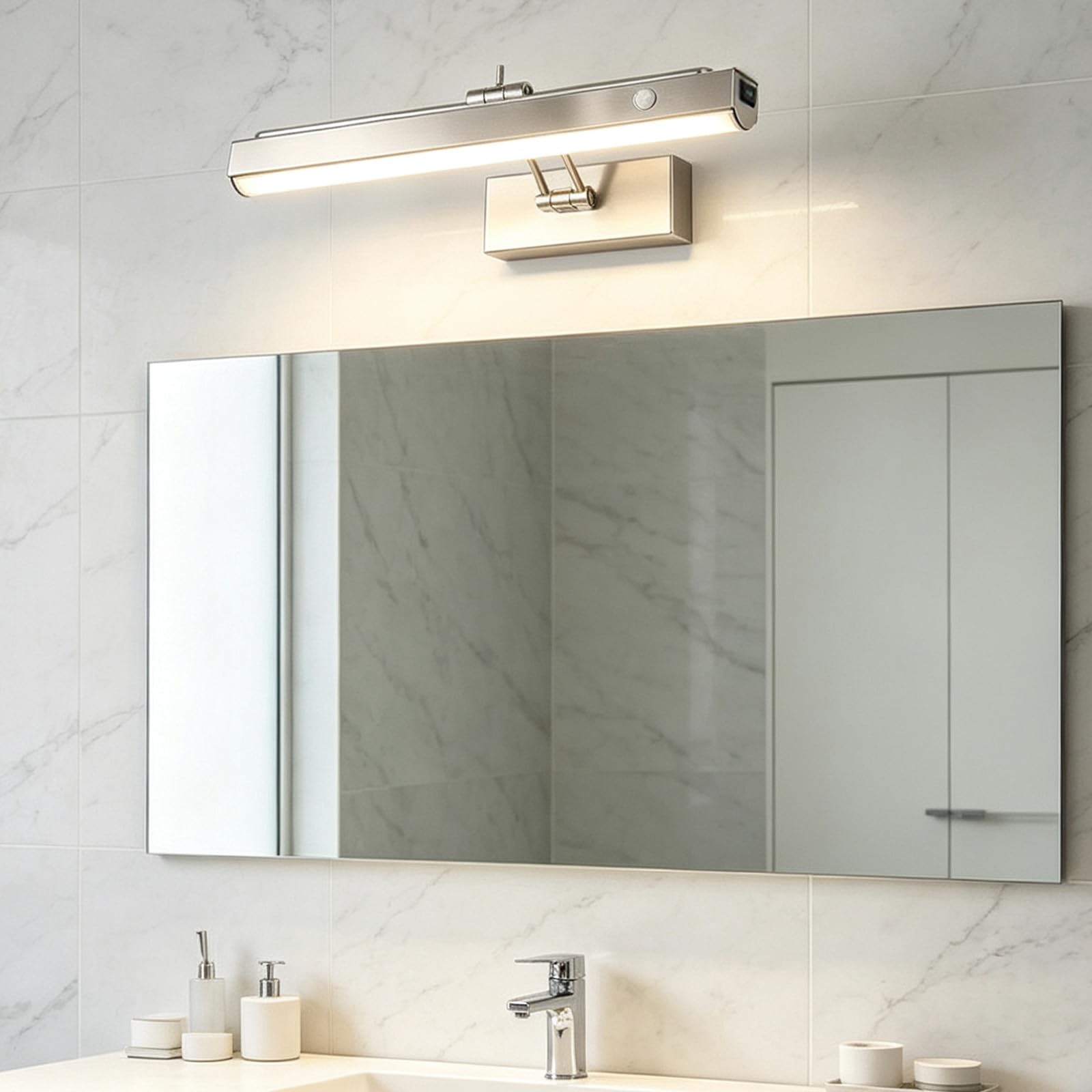 LED Lampada a Specchio Bagno Ricaricabile Applique da Parete con Sensore di Movimento 180° Girevole Iluminazioni per Pareti con Interruttore Soggiorno Camera da Letto (Nero Luce Bianca,30cm)