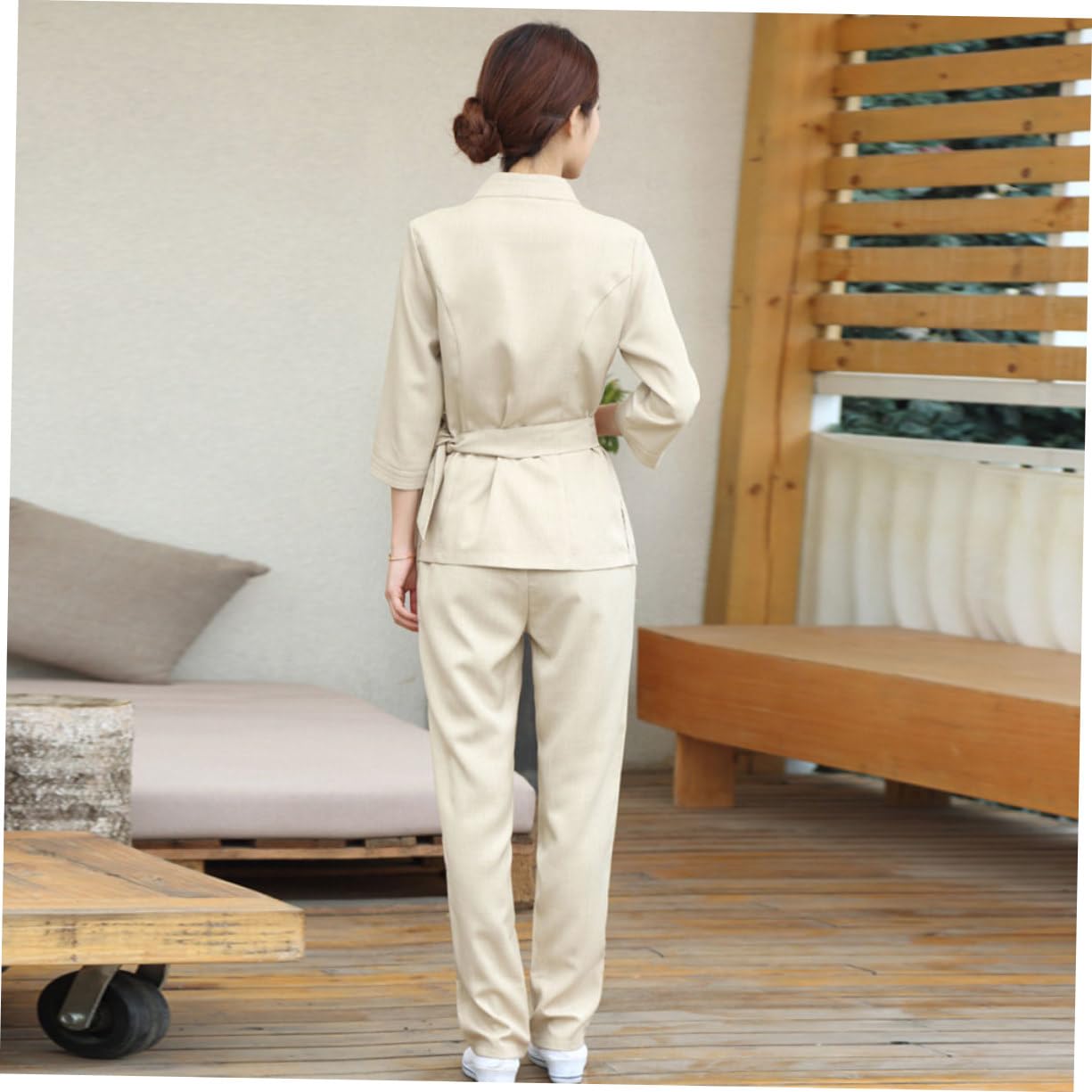 Healvian Uniforme de Técnico de Belleza Beige Cómodo y Plegable para Salón y Teñir el Cabello, Ropa de Trabajo en Poliéster y Spandex, Talla L a XXXL