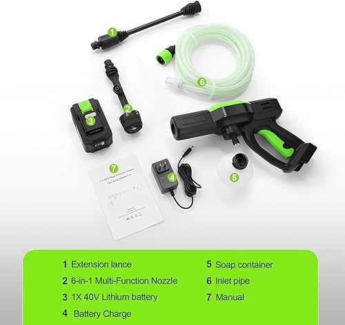 Miniatura 9 de Homdox Lavadora a presión inalámbrica mejorada de 1300 PSI con batería de 40 V, lavadora eléctrica inalámbrica alimentada por batería, lavadora a