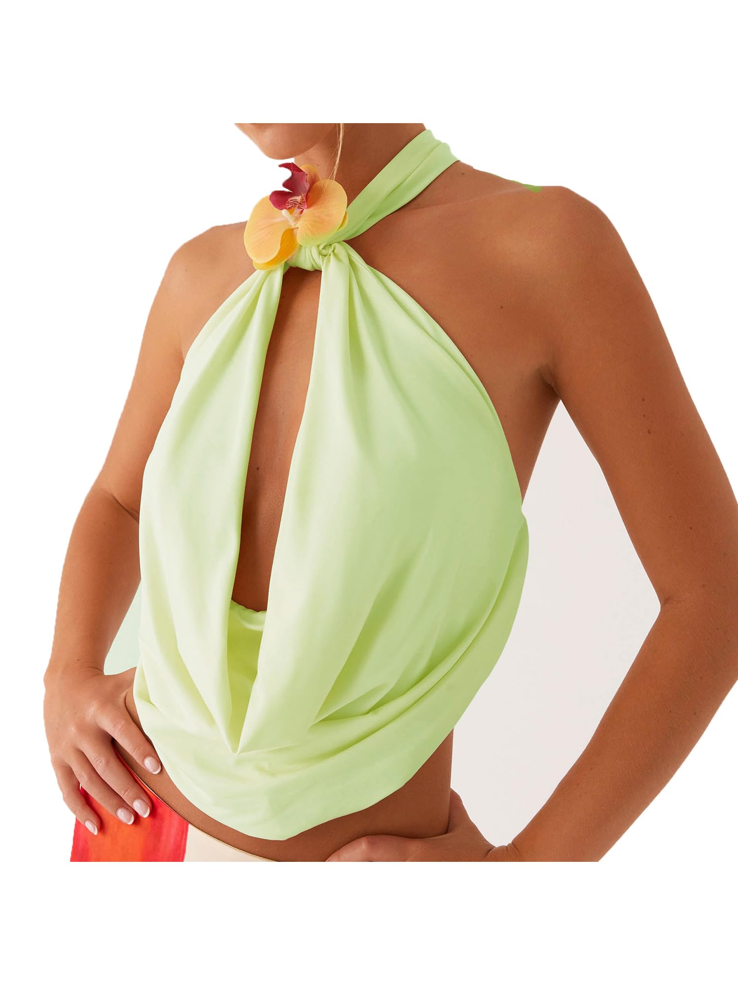 Acrawnni Women Backless Halter Neck Cami Tops Sleeveless Open Back Deep V Neck Slim Fit Tank Tops Y2K Summer Clubwear (F-Green, L)