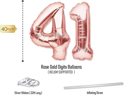 Miniatura 4 de Decoraciones de fiesta de cumpleaños número 41 para ella, suministros de oro rosa, juego grande con pancarta de cumpleaños y globos de 41 dígitos de