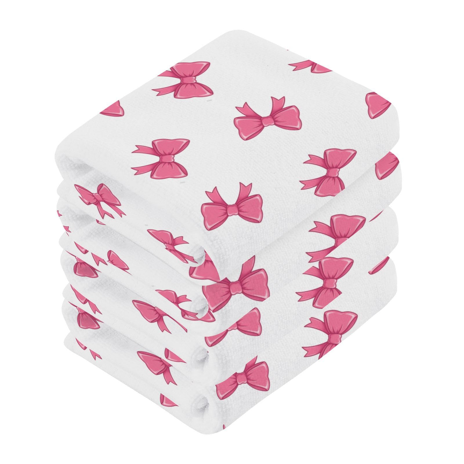 YANENDIE Cute Bows Pink Washcloths Towels, Highly Absorbent and Soft Cotton Face Cloths, 4 Pack Quick Dry Wash Cloths - 12 X 12 Inches