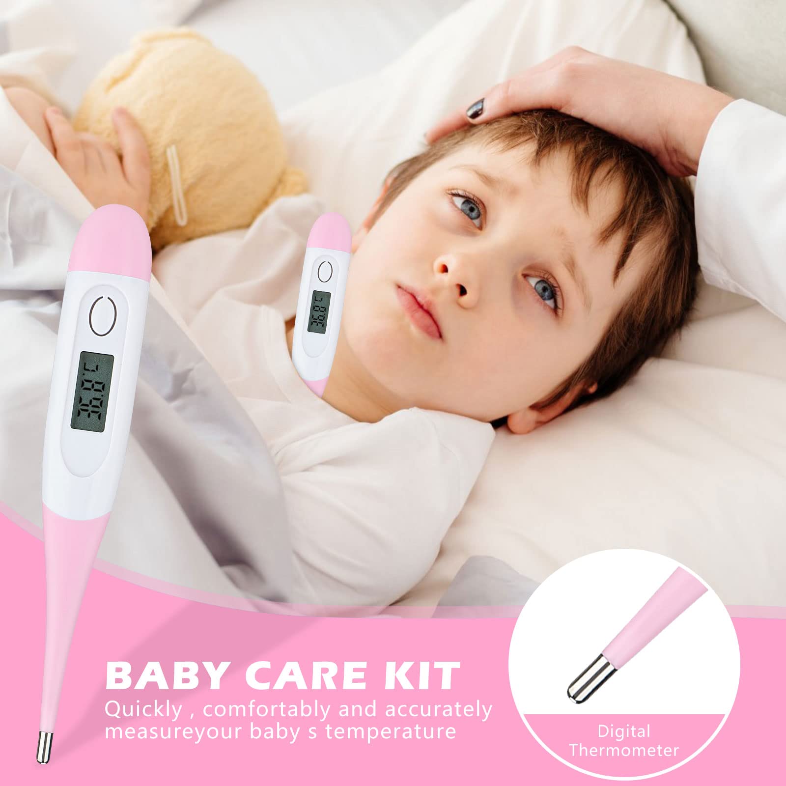 Kit Cura Neonato 21 In 1 Portatile Rosa – Set Completo Per Igiene E Toeletta Con Aspiratore Nasale, Tagliaunghie, Spazzola, Termometro E Custodia
