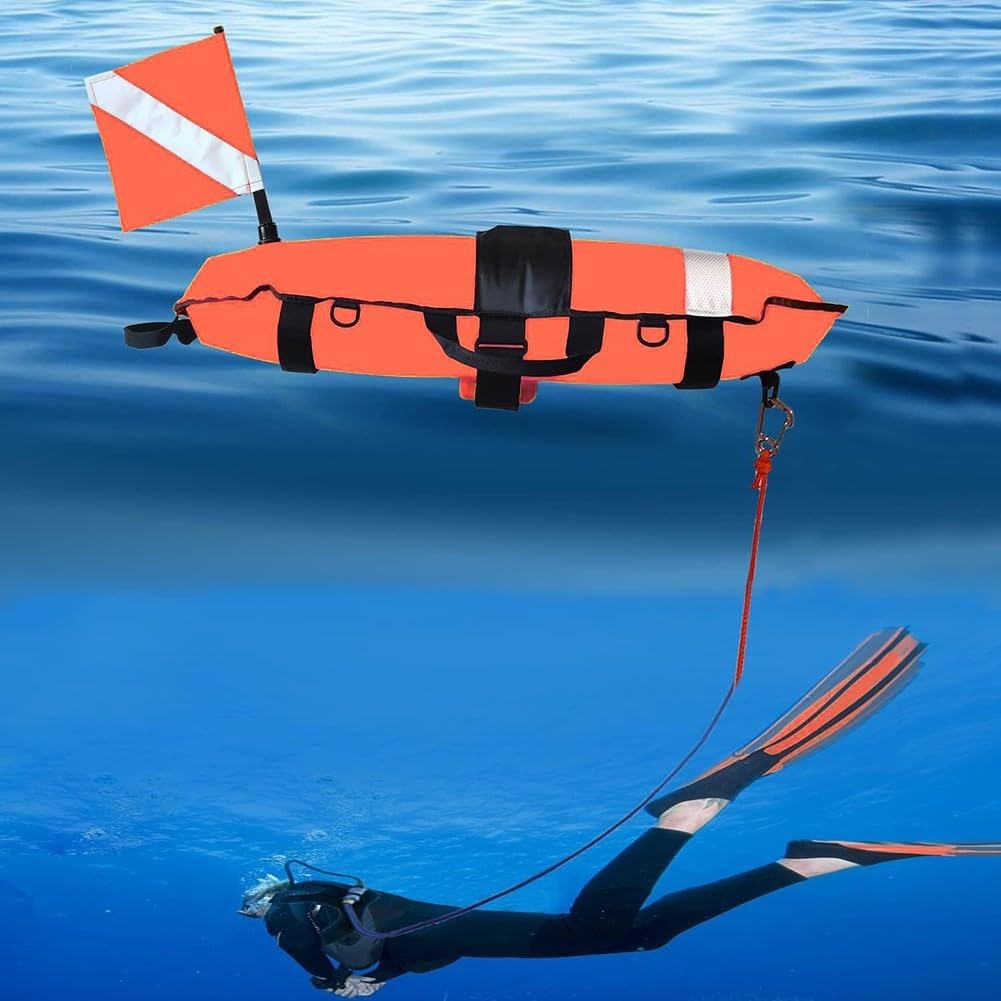 Boya flotante de pesca submarina con bandera de buceo y cuerda de 25 m para esnórquel de buceo, 83 x 25 x 25 cm, boya inflable de nailon 210D, amarillo, rojo o rosa (rojo)