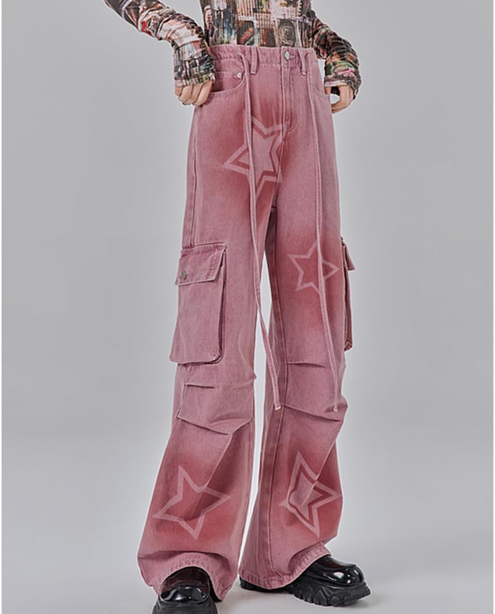 Y2K Fashion Straight High Waisted Wide Leg Jeans Casual Drawstring Gradual Stars Tie-Dye Denim Pants