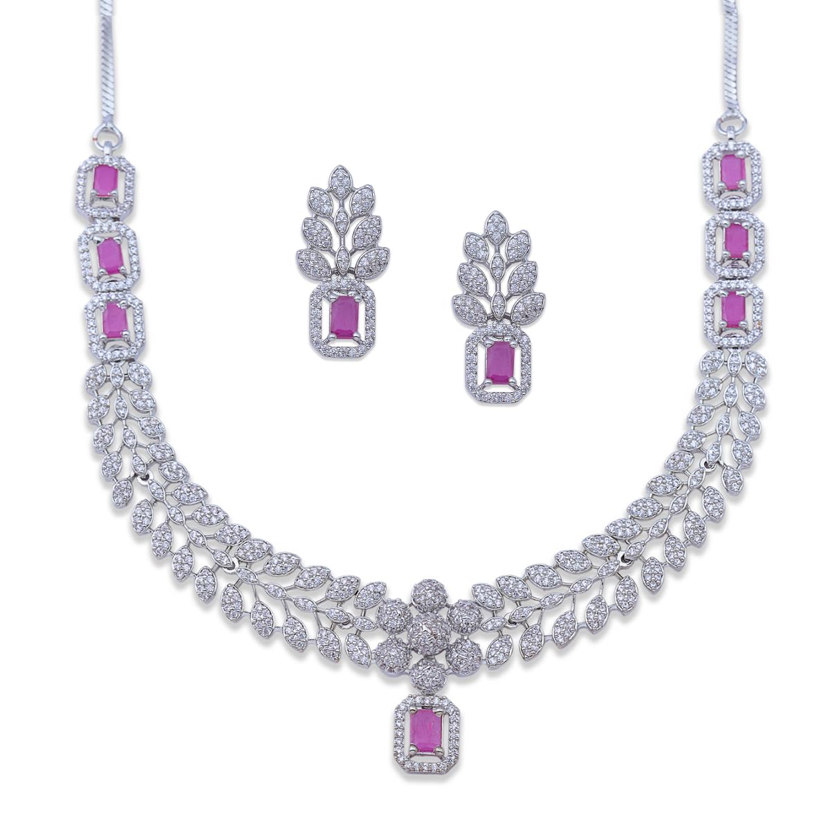 ruby American Diamond Necklace Set –CZ Stones, Rhodium-Plated Finish, Adjustable Chain, Push-Back Earrings – Ideal for Weddings, Parties & Special Occasions-image-23