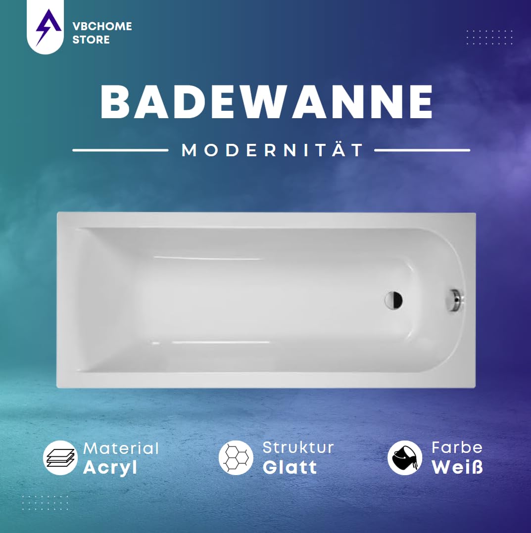 VBChome Badewanne 170x70 cm Weiß Acryl SET – Rechteckwanne mit Styroporträger, Siphon und Ablaufgarnitur in Chrom – Modernes Design, Robustes Material, Einfache Montage
