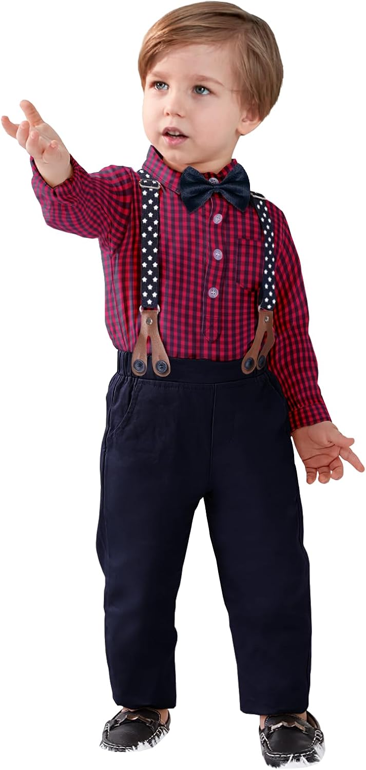 Yilaku Toddler Baby Boy Clothes Gentleman Wedding Outfits, Formal Dress Shirt with Bowtie + Suspender 3 Monthes-4 Years - Image 3