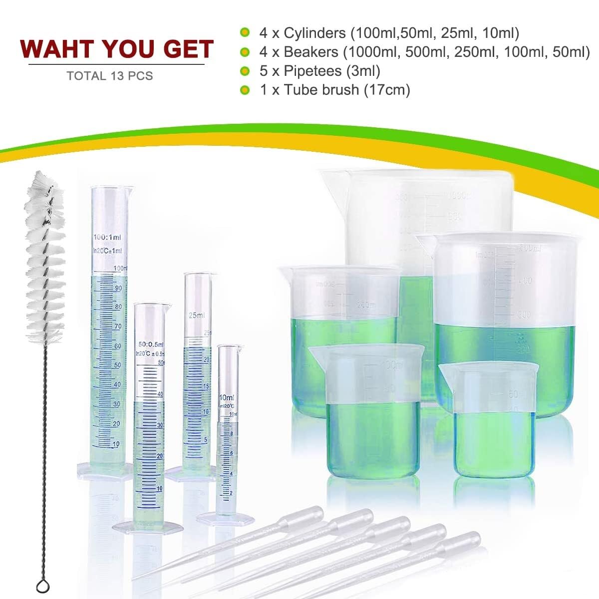 Set de 15 Piezas Cilindros Graduados y Vasos de Plástico con Pipetas y Cepillo – Herramientas de Medición Científica para Laboratorio y Cocina
