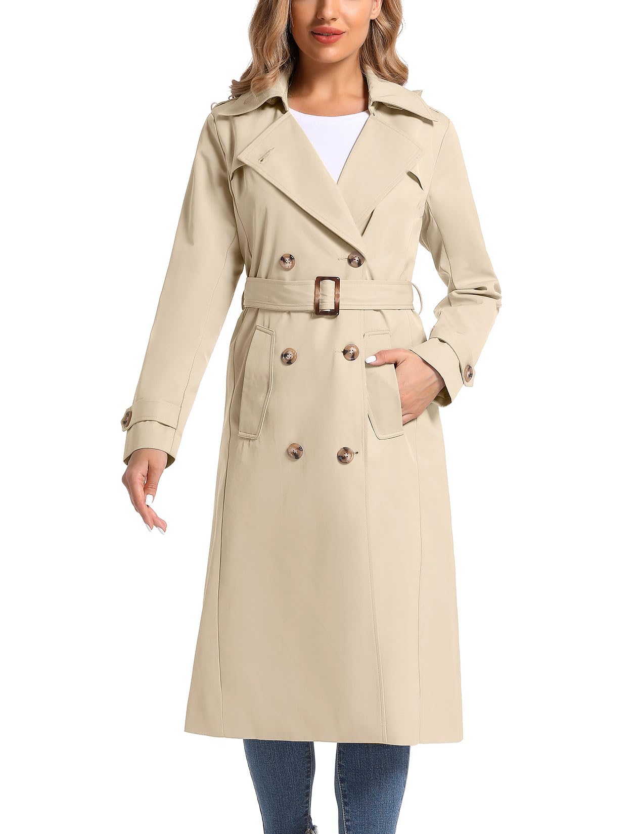 Womens Waterproof Long Trench Coat Double Breasted Length Classic Lapel Belt Coat With Removable Hood
