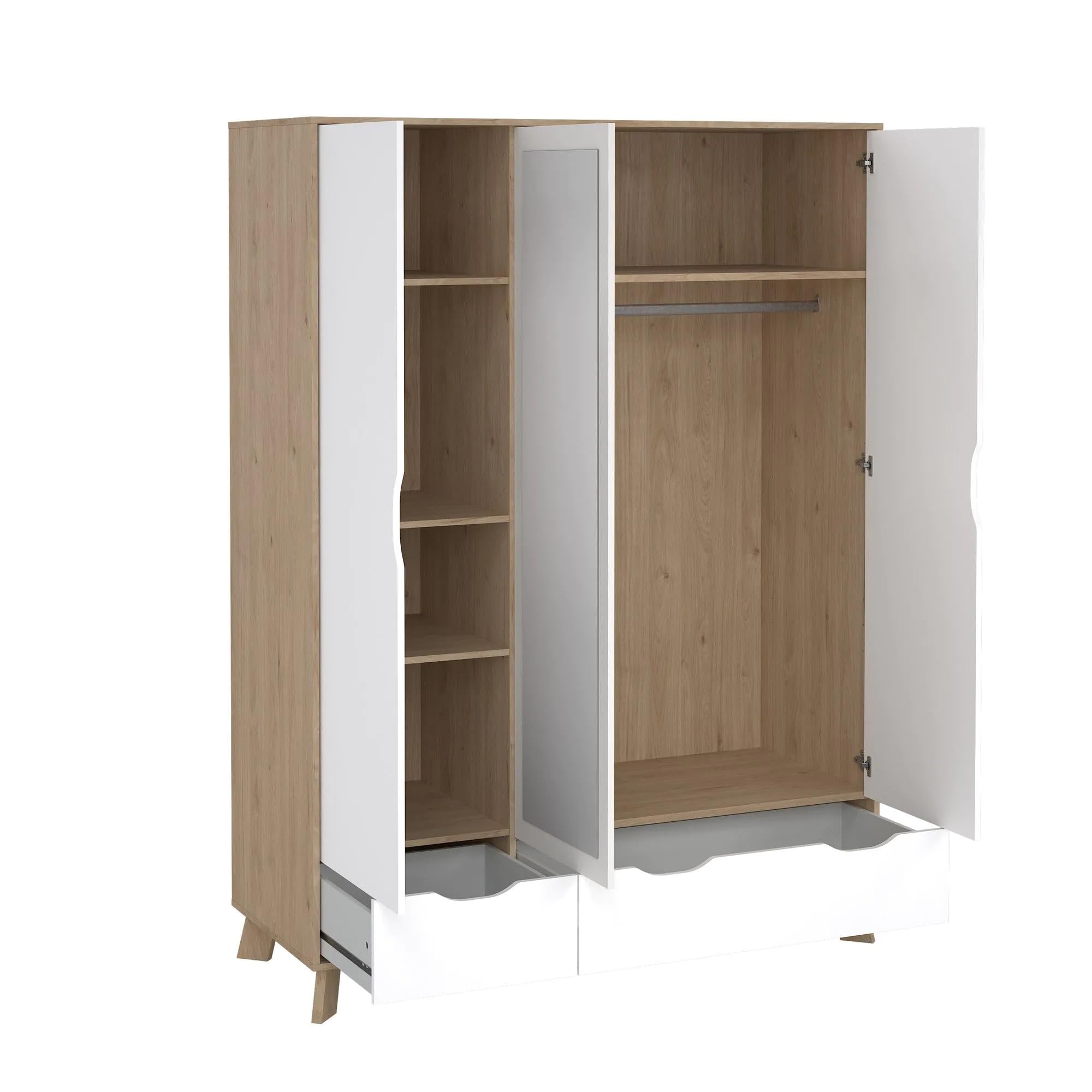 Bissolo Casa Armadio Moderno con 3 Ante, 1 Specchio, 2 Cassetti, 147,2x58,1x201 cm, Hickory Jackson e Bianco Opaco