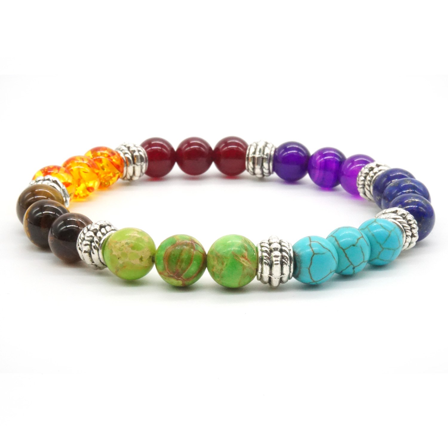 Rainbow Stone Bracelet Crystal Healing Reiki Energy Balancing Gemstone Stretch Bracelet Round Bead for Men Woman