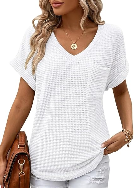 Chicrise Tshirt Damen Kurzarm Waffelmuster Top V Ausschnitt Basic Taschen Oversize Tunika Leicht Casual - 1