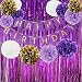 Happy Birthday Bunting Banner Purple Birthday Party Decorations Set Purple Gold White Tissue Paper Pom Poms Paper Flowers and Set of 2 Shiny Purple Foil Fringe Curtain