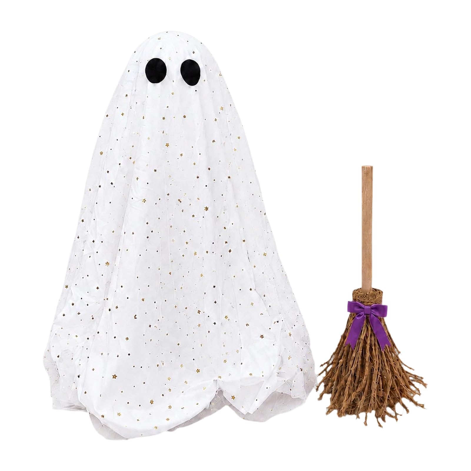 anwhriet Halloween Ghost Decoration with Broom, Spooky Sequins Mesh White Ghost, Cute Adjustable Standing Ghosts for Halloween Party, Home, Table, Fireplace, Kitchen Decor A