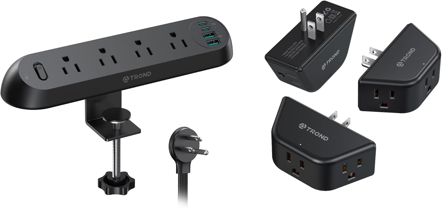 TROND Multi Plug Outlet 3 Pack Wall Outlet Extender, 3-Prong Grounded Outlet Splitter + Desk Clamp Power Strip with 5 AC Outlets, Flat Plug 6ft Extension Cord