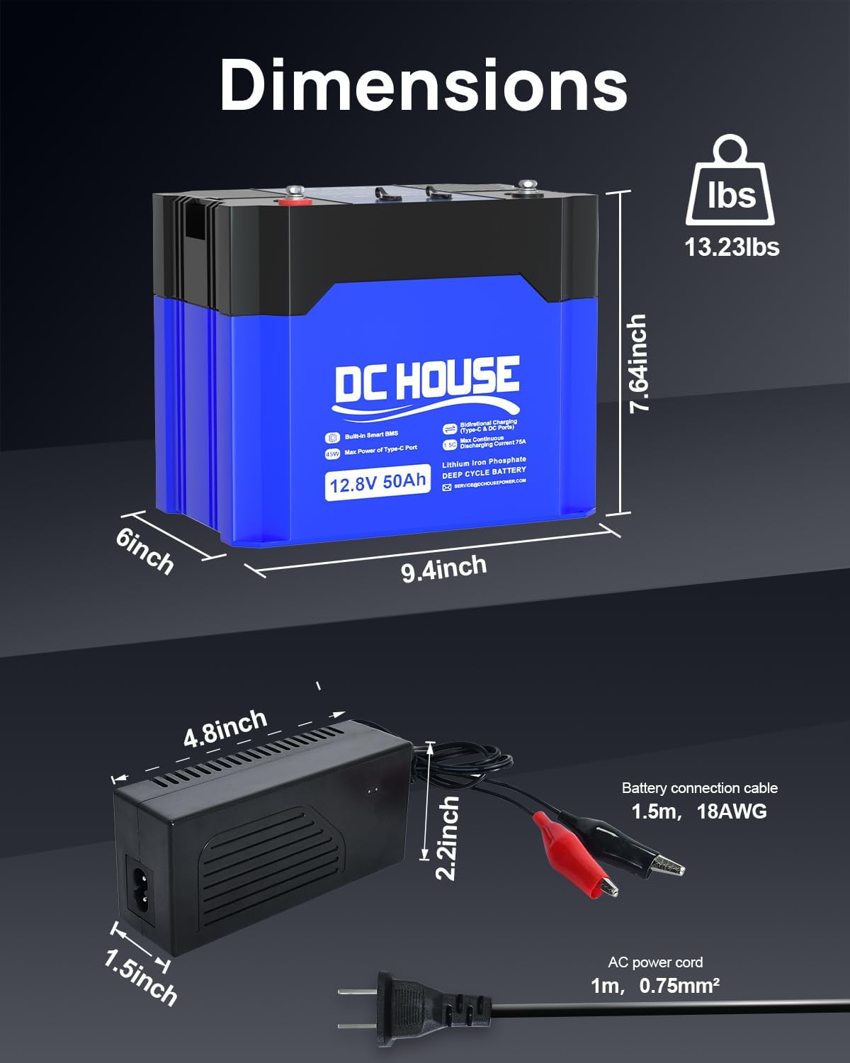 Diagram showing the dimensions of the DC HOUSE 12V 50Ah LiFePO4 battery (9.4in D x 6in W x 7.64in H) and the 4A charger (4.8in L x 1.5in H x 2.2in W), along with cable lengths.
