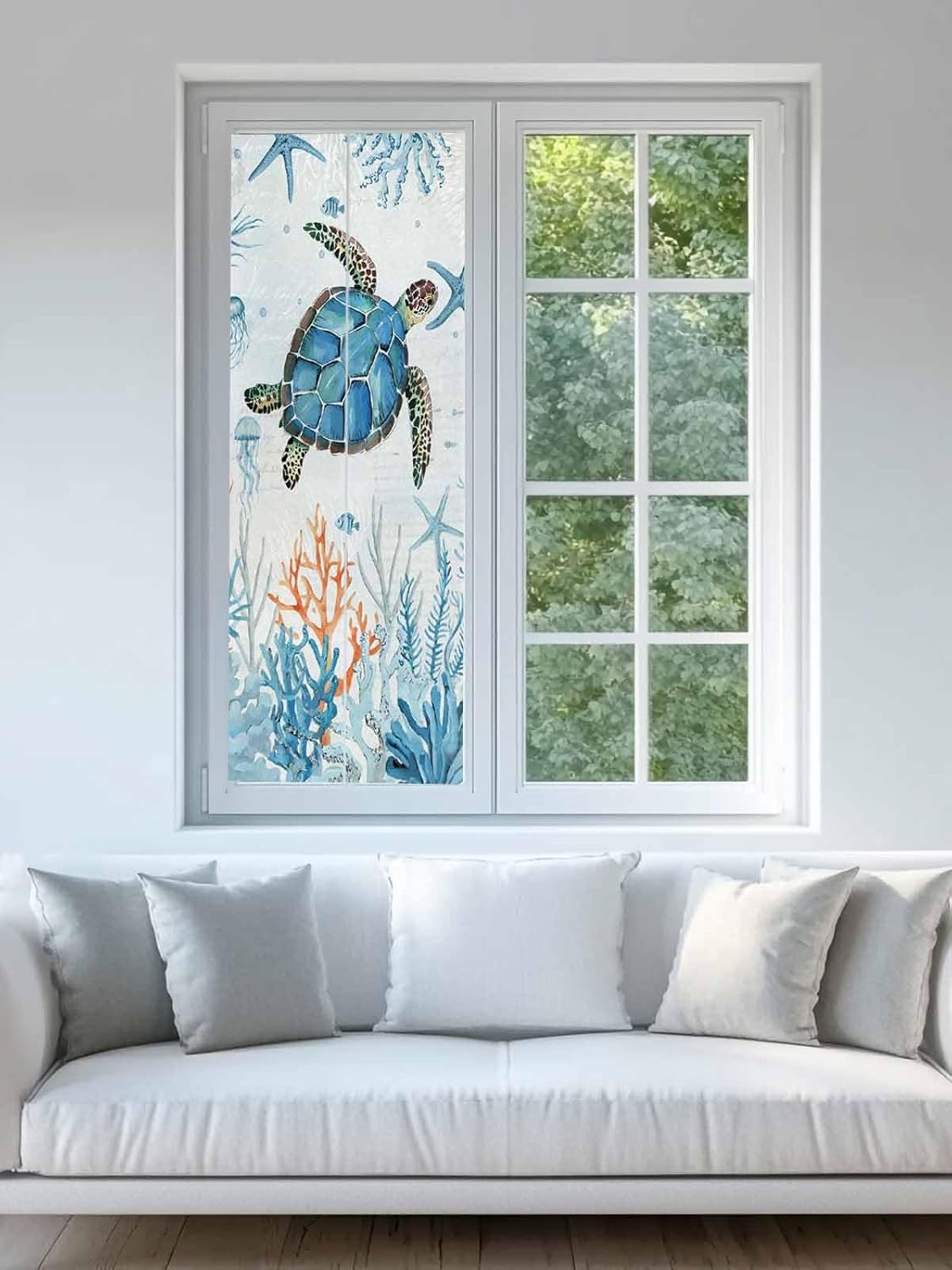 Sea Turtle Blue Stained Glass Window Film - Decorative Privacy Film Static Window Cling for Glass Door - 35.4"x78.7"