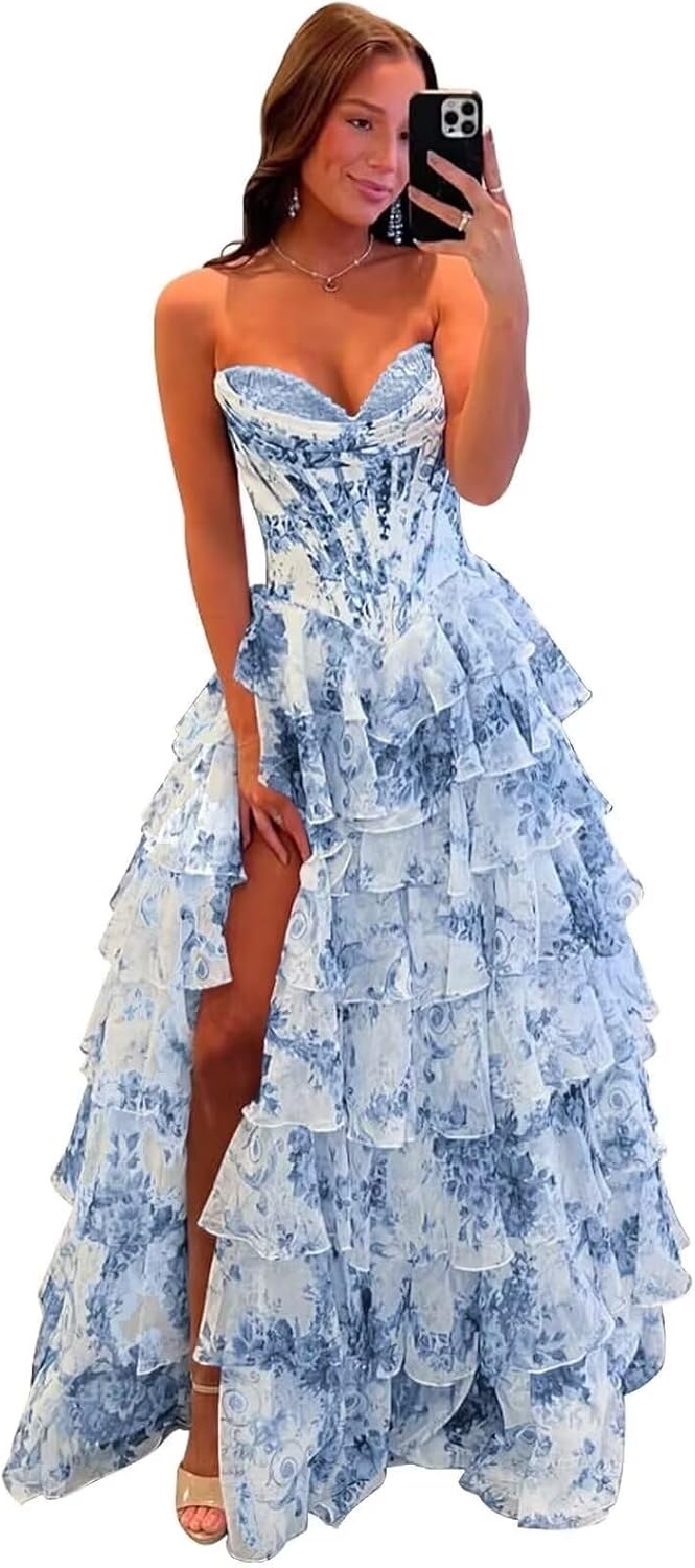 Strapless Ruffle Prom Dresses with Slit Tiered Corset Chiffon Cocktail Evening Dress ZU129