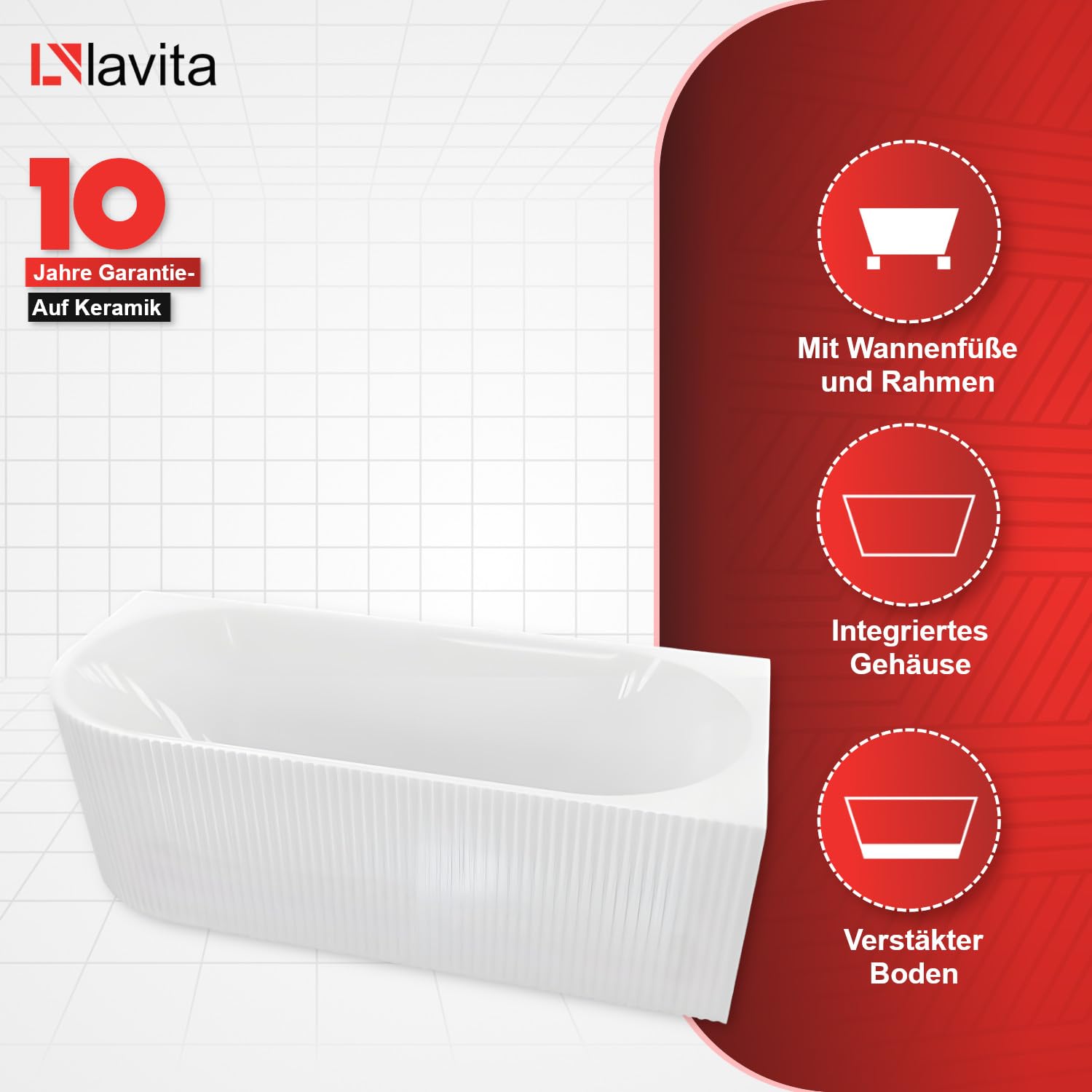 Bañera rectangular – Bañera acrílica moderna independiente – 250 l – Revestimiento antibacteriano – Blanco brillante – Láminas modernas integradas