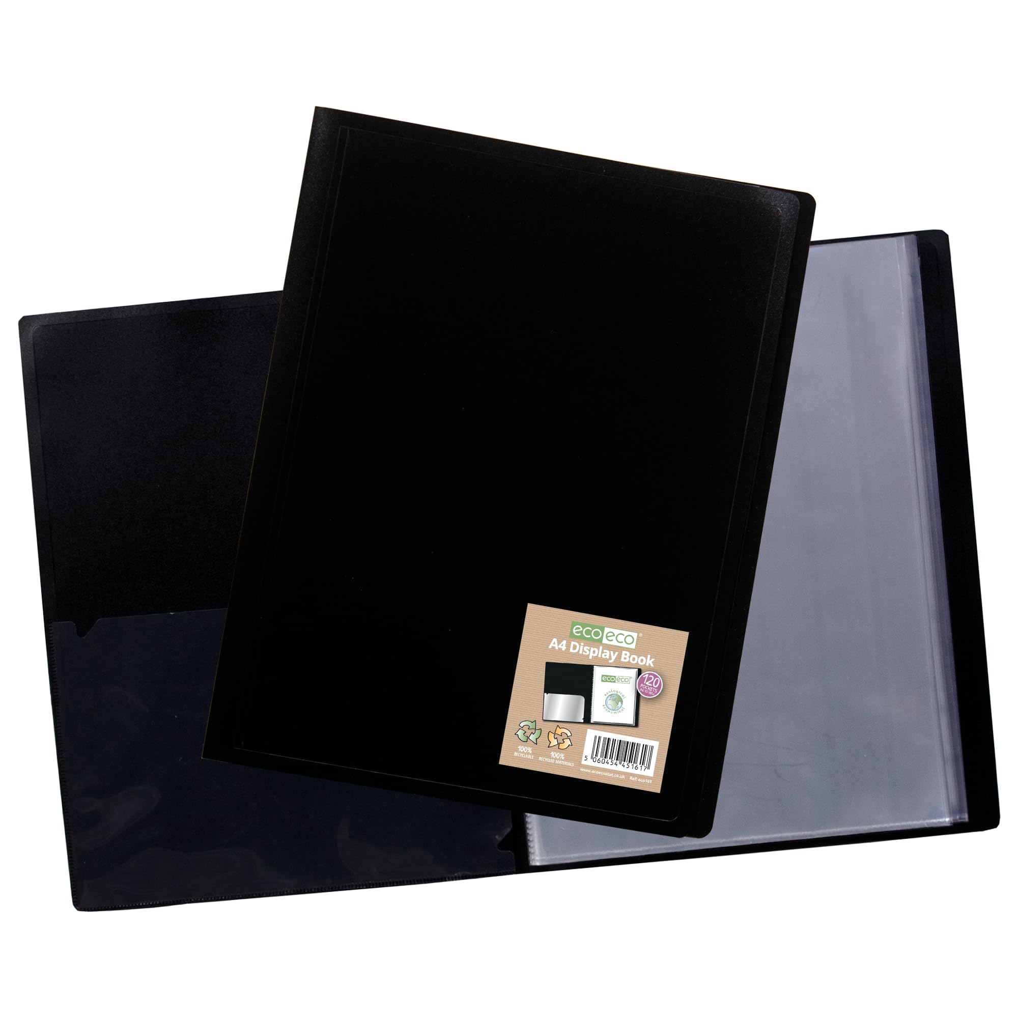 eco-eco A4 100% Recycled 120 Pocket Black Flexible Cover Portfolio Book Folder Display Book, eco161