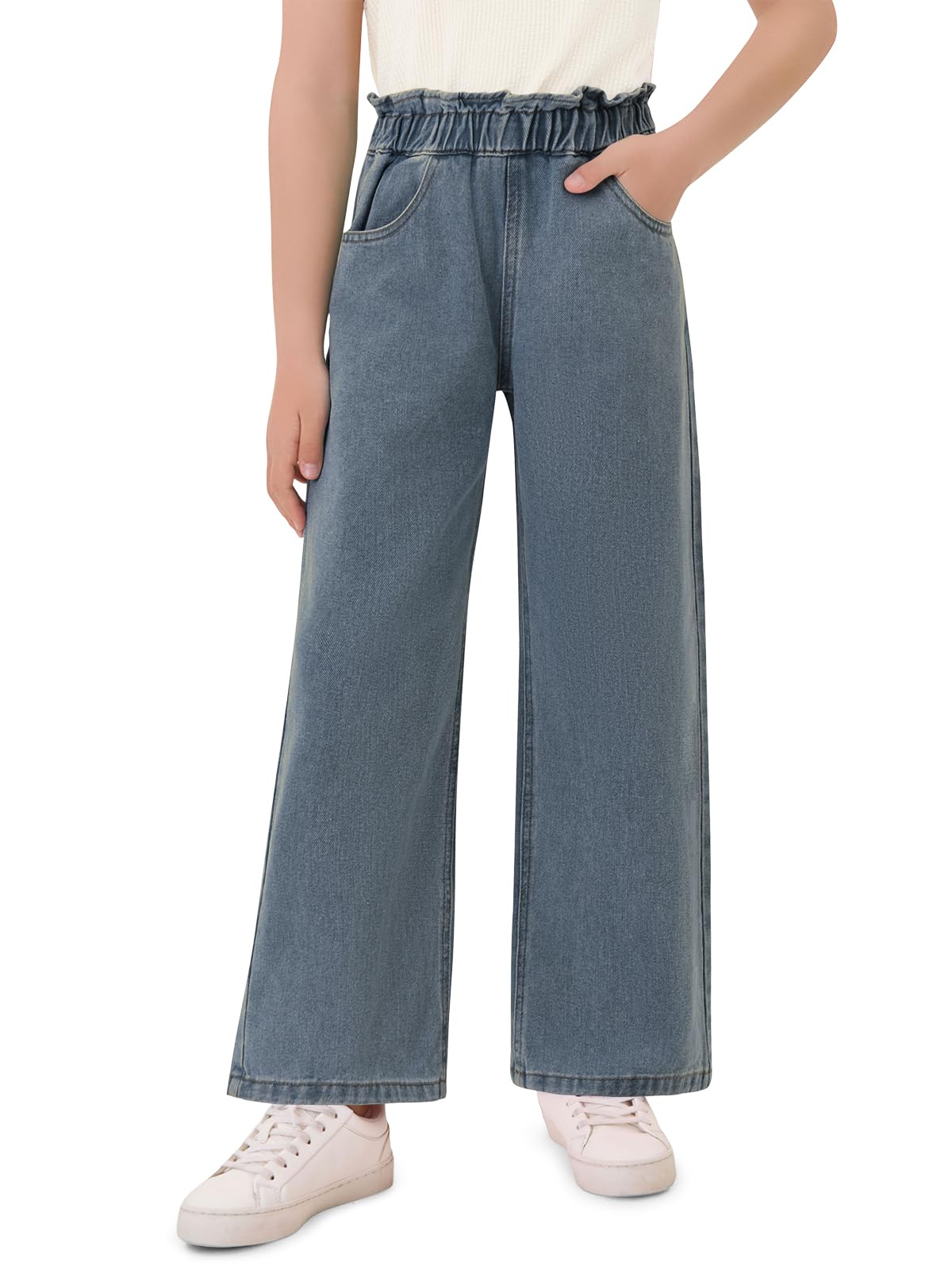 Haloumoning Girls Cute Wide Leg Flared Jeans Kids Oversized Elastic Waist Paper Bag Pants with Pockets 5-14 Years