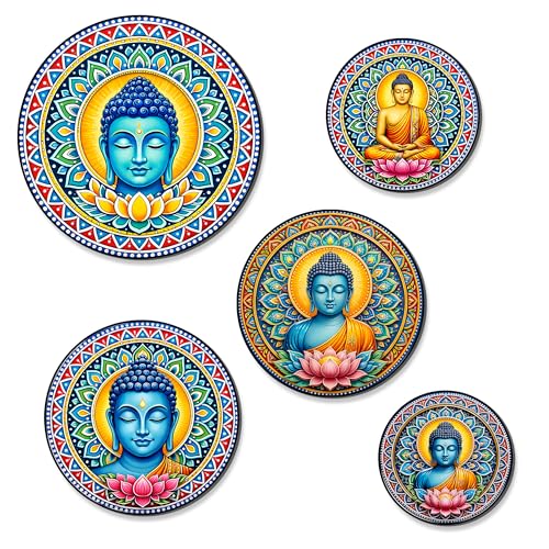 Image of Regalo Casila Buddha Art Fridge Magnets Set of 5 Wooden Refrigerator Magnets Spiritual Decorative Kitchen Magnets Souvenir Gift Set Strong Magnetic Home Decor