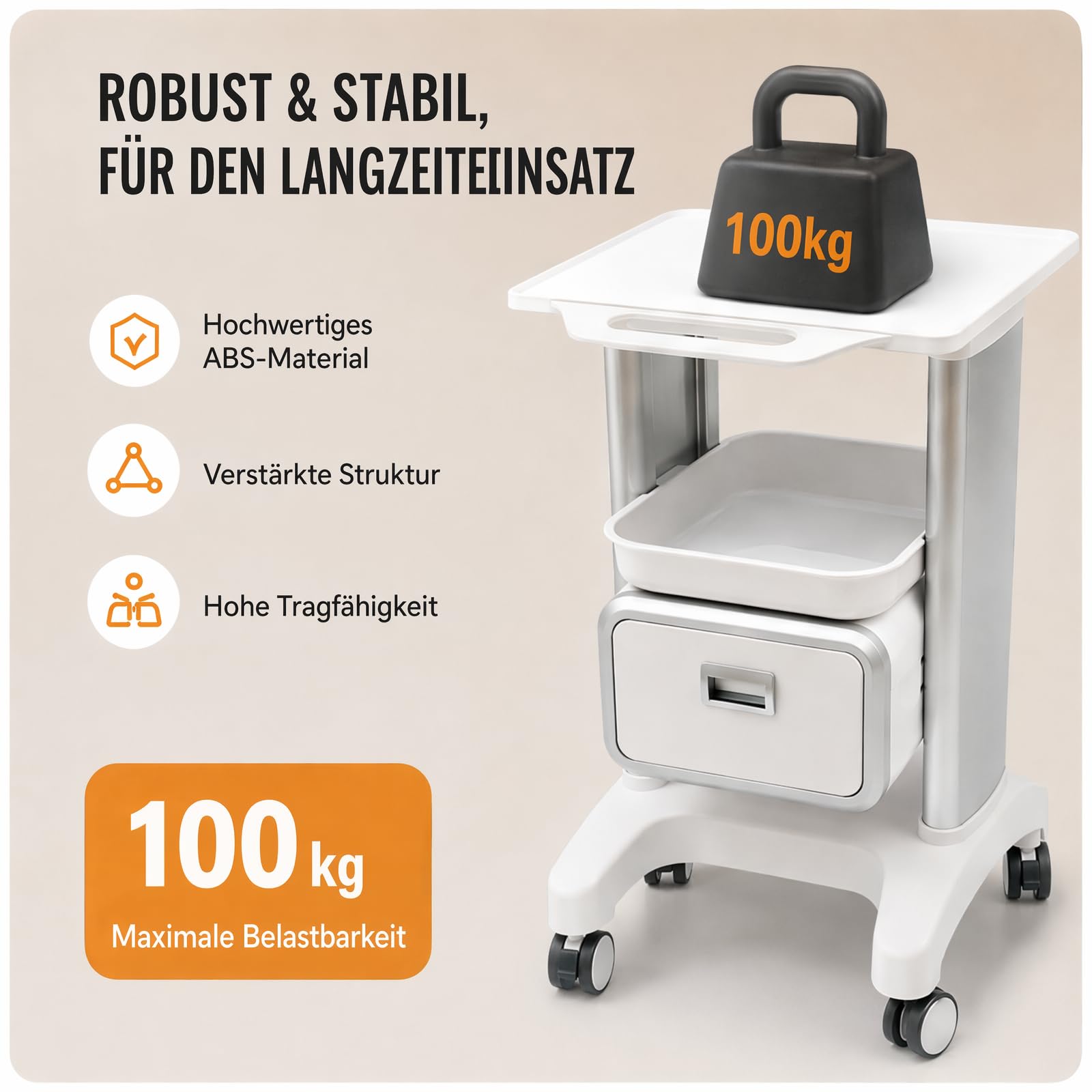Carro médico con 1 cajón, 100 kg, carro de laboratorio, carrito de medicina, carrito de peluquería enrollable, carrito de belleza, carrito de trabajo, peluquería, carrito de servicio para laboratorio