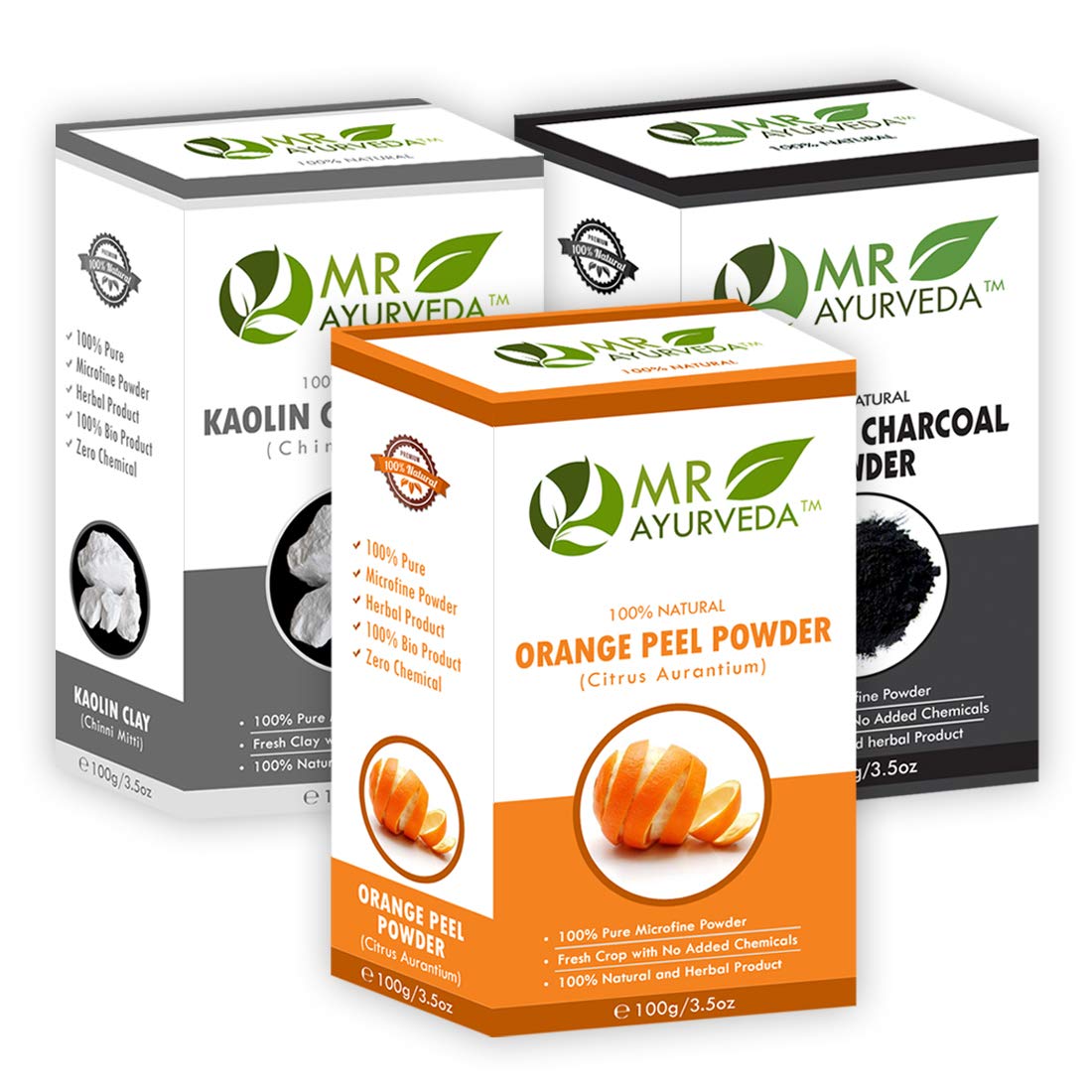 MR Ayurveda 100% Organic Kaolin Clay Powder, Orange Peel Powder & Activated Charcoal Powder - Set of 3 (100 Grams Each)