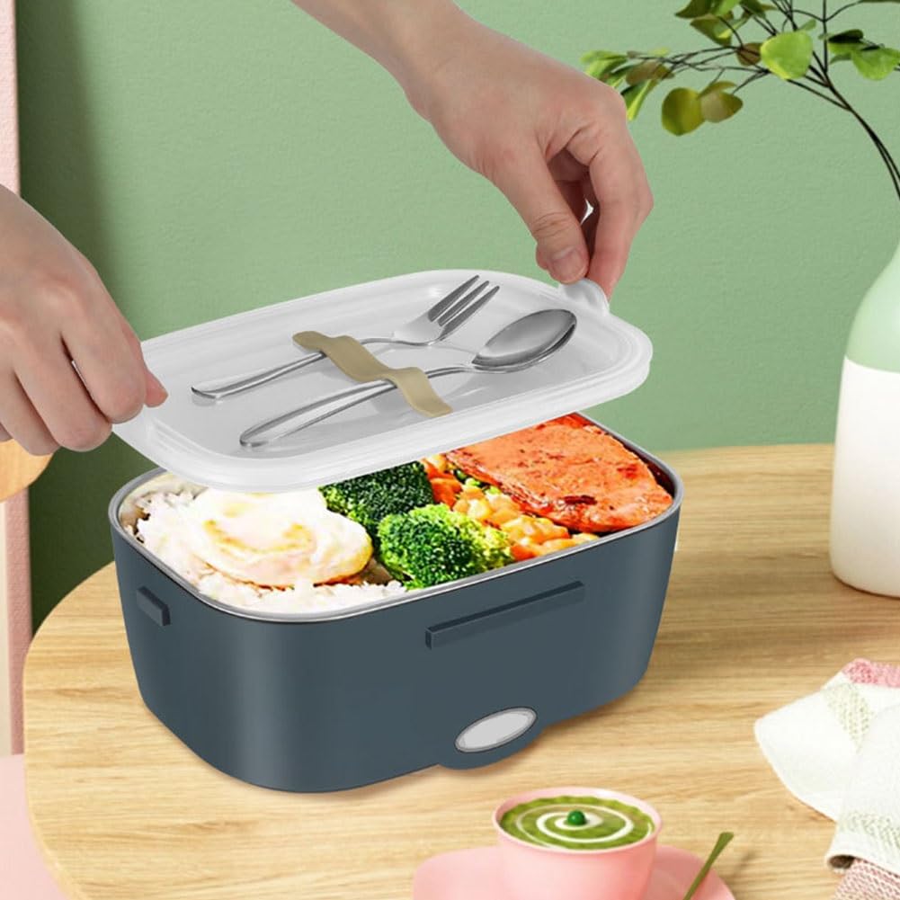 Fiambrera Aislante portátil de Doble Compartimento, Calentador de Alimentos portátil, para Coche, casa, Oficina, Viajes, con Recipiente de Acero Inoxidable(Blue+White Buckle Handles)