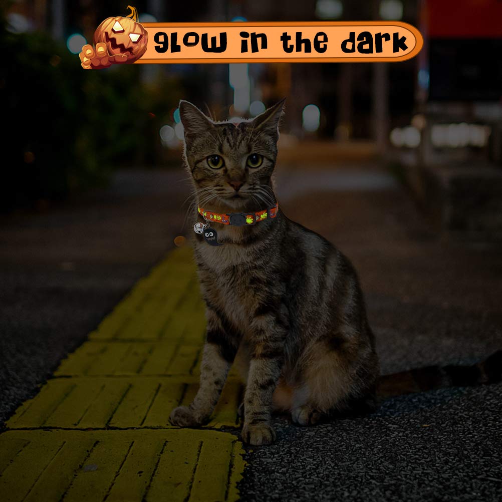 EXPAWLORER Katzenhalsband-Set im Halloween-Stil, leuchtend, verstellbar, mit süßem Geister-Zubehör, langlebiges Halsband mit sicherer Schnalle für Katzen, Kätzchen und kleine Welpen, 2 Stück