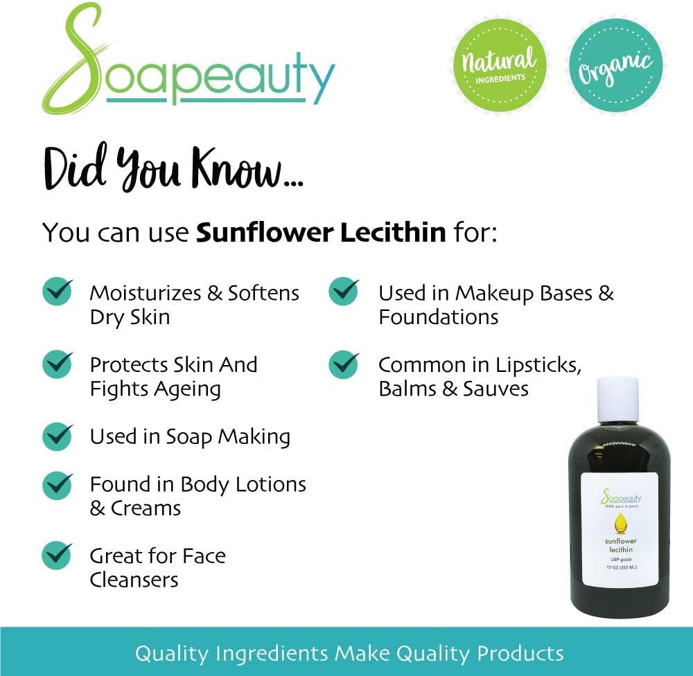 SUNFLOWER LECITHIN Liquid Oil | Cold Pressed Unrefined | USP Grade Unbleached 100% Pure Natural Sunflower Lecithin Oil | Skin Moisturizer, Soap Making, Lotion | Sizes 4OZ to 1 GALLON | (8 OZ)