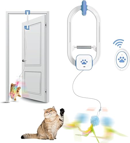 Rechargeable Electric Cat Teaser with Remote – Interactive Door Clip Toy for Cats, 2 Motion Modes (360° Spin & Irregular Jumping), Smart Auto Cat Toy for Exercise & Fun (Blue)(Blue)