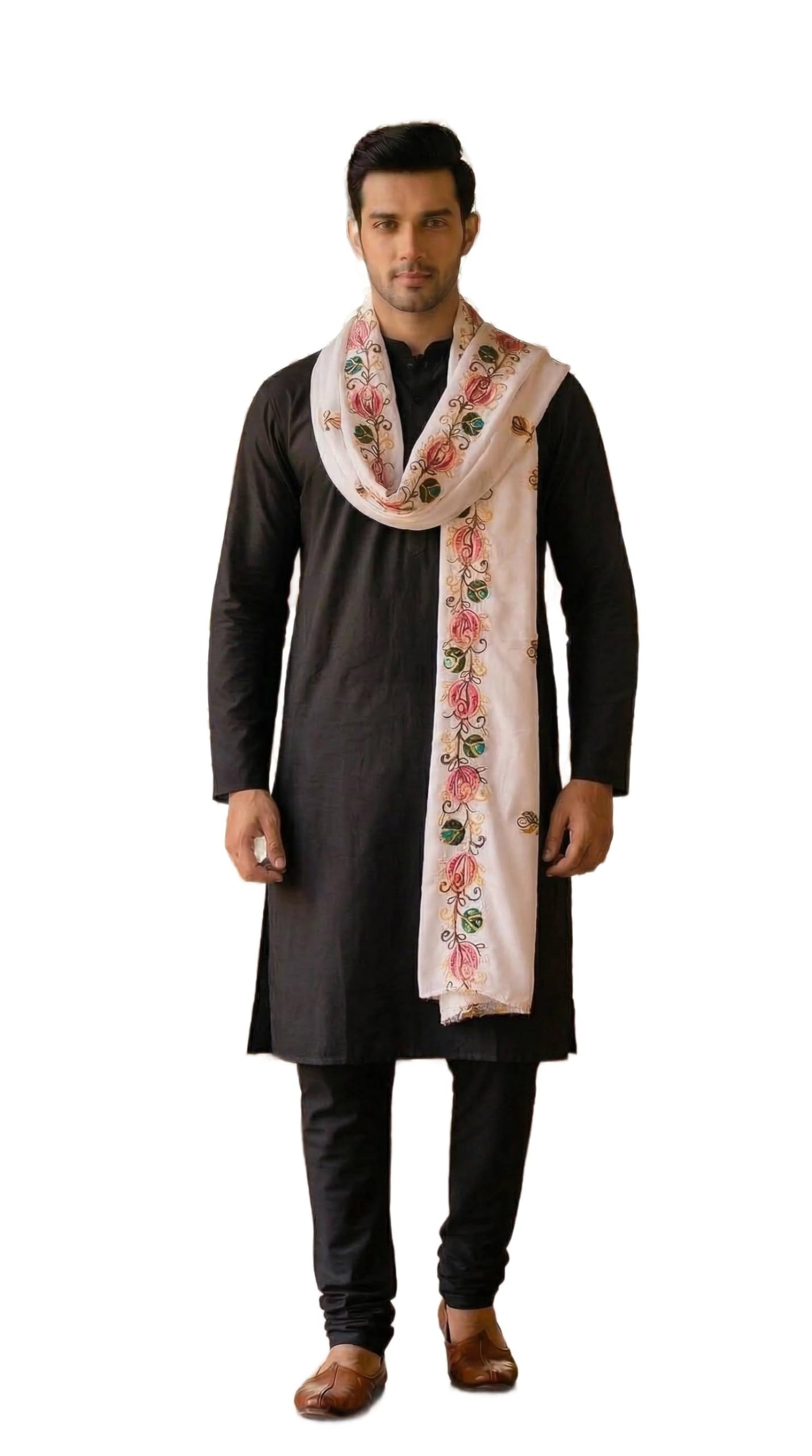 Men’s White Rayon Cotton Dupatta with Contrast Floral Embroidery | Soft & Lightweight Ethnic Stole | Perfect for Festivals & Wedding-image-12