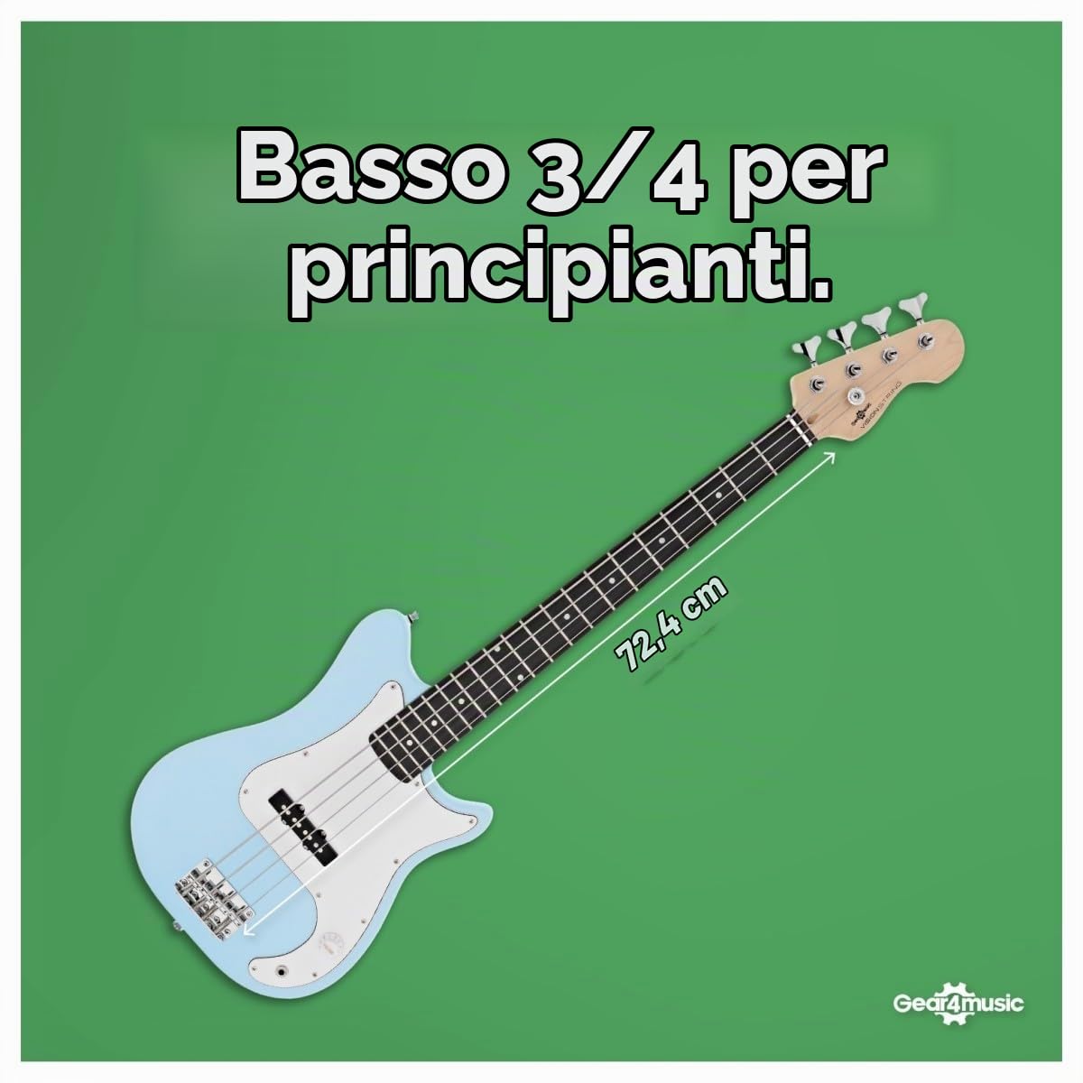 VISIONSTRING Kit Basso Elettrico 3/4 con Ampli 10W e Accessori - Blu | Per Bambini e Principianti, Manico a C, Doppio Cutaway, Ampli 10W, Borsa, Tracolla, Plettri e Accordatore Inclusi