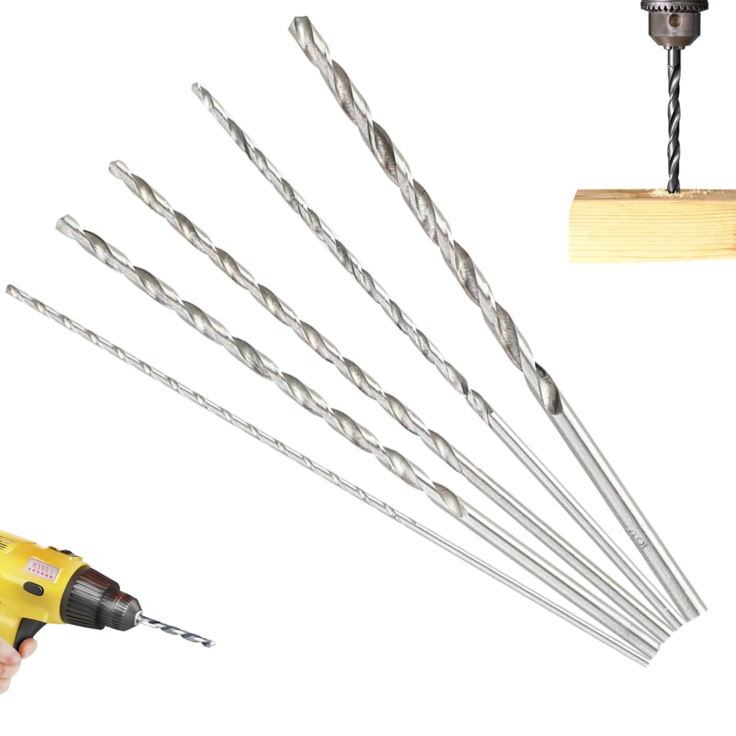 Extra Long Twist Drill Bits, 5PCS 150mm Long Drill Bits Wood HSS Metal
