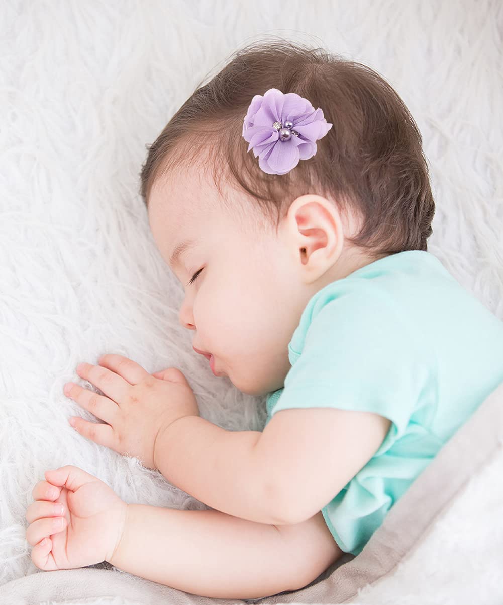 inSowni 2" Alligator Hair Clips Barrettes Chiffon Flower Bow with Rhinestone Pearl for Baby Girl Toddlers - Image 2