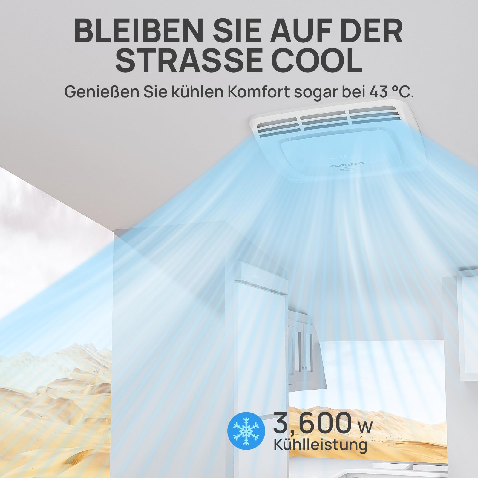 TURBRO Wechselrichter-Klimaanlage ​​für Wohnmobile​​ mit Wärmepumpe, 3,600 W Dachgerät ohne Kanäle und Deckenmontage mit Ambiente-Leuchte, leiser Betrieb, 220-240V AC, Fernbedienung & WLAN, weiß
