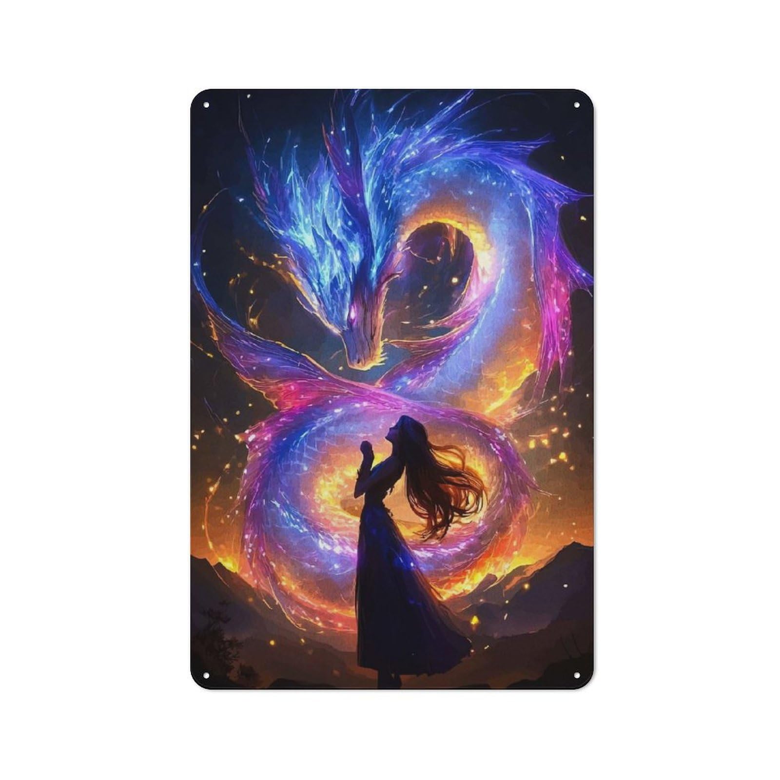 Junmoney Style-21 Retro Metal Plaque 30X20cm Featuring Woman And Celestial Dragon Fantasy Art For Workshop Wall, For Metal Sign Collectors, For Garage And Workshop Walls
