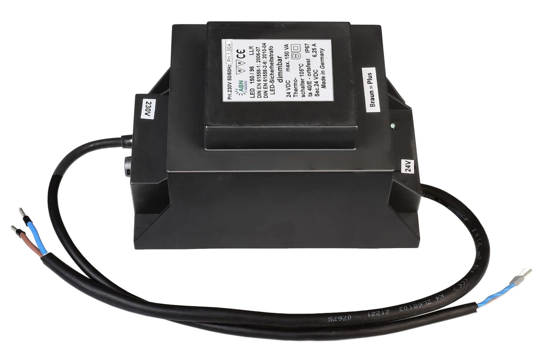 ABN - Alimentatore di rete, trasformatore di sicurezza LED, 150 VA/24 V DC, 220-240 V AC/50-60 Hz, 24 V DC, 150 VA, IP 67