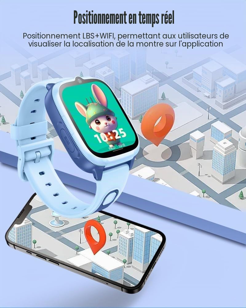Montre intelligente 4G pour enfants avec traqueur GPS et appel vidéo – Écran tactile HD de 1,8", SOS, suivi d'itinéraire, chat vocal et texte, étanchéité IPX7, mode école, montre intelligente
