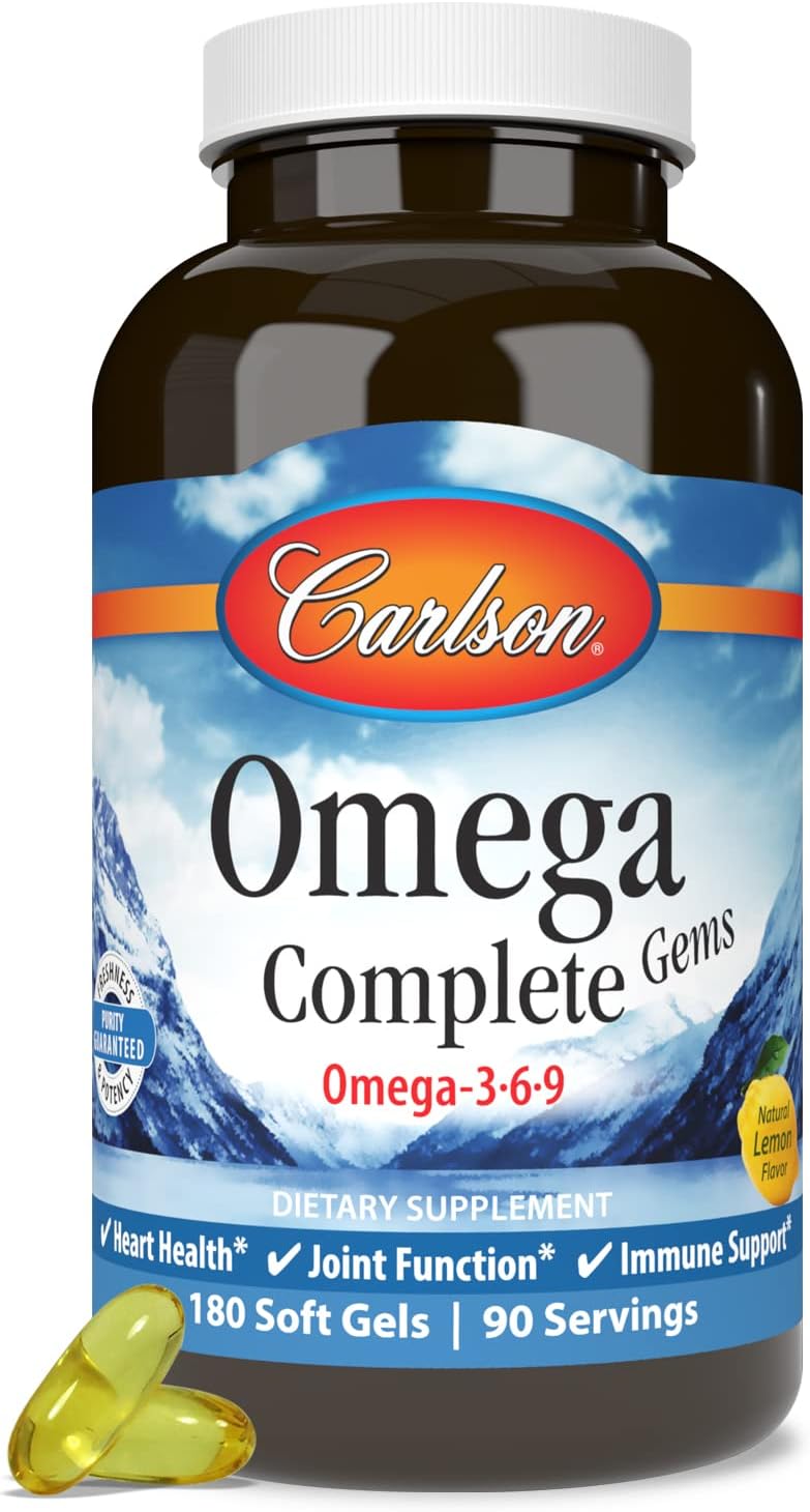 Carlson - Omega Complete Gems, Omega-3-6-9, Wild Caught, Sustainably Sourced, Heart Health, Joint Function & Immune Support, 180 Softgels